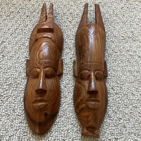 Indonesian Bali Handcrafted Wood Tiki Face Mask Wall Decor Set of 2 - Picture 5 of 5